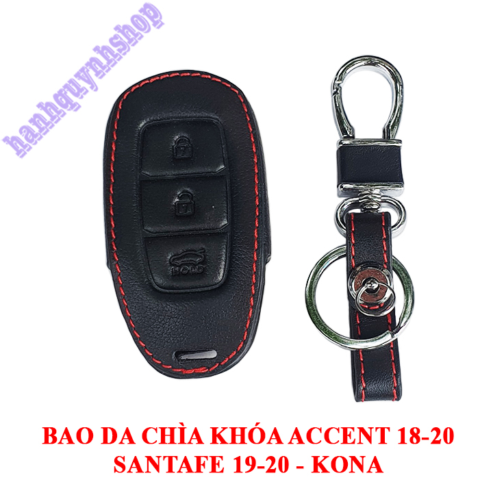 Bao da chìa khóa Accent 2018-2020, Santafe 2019-2020, KONA màu đen chỉ đỏ tặng kèm móc