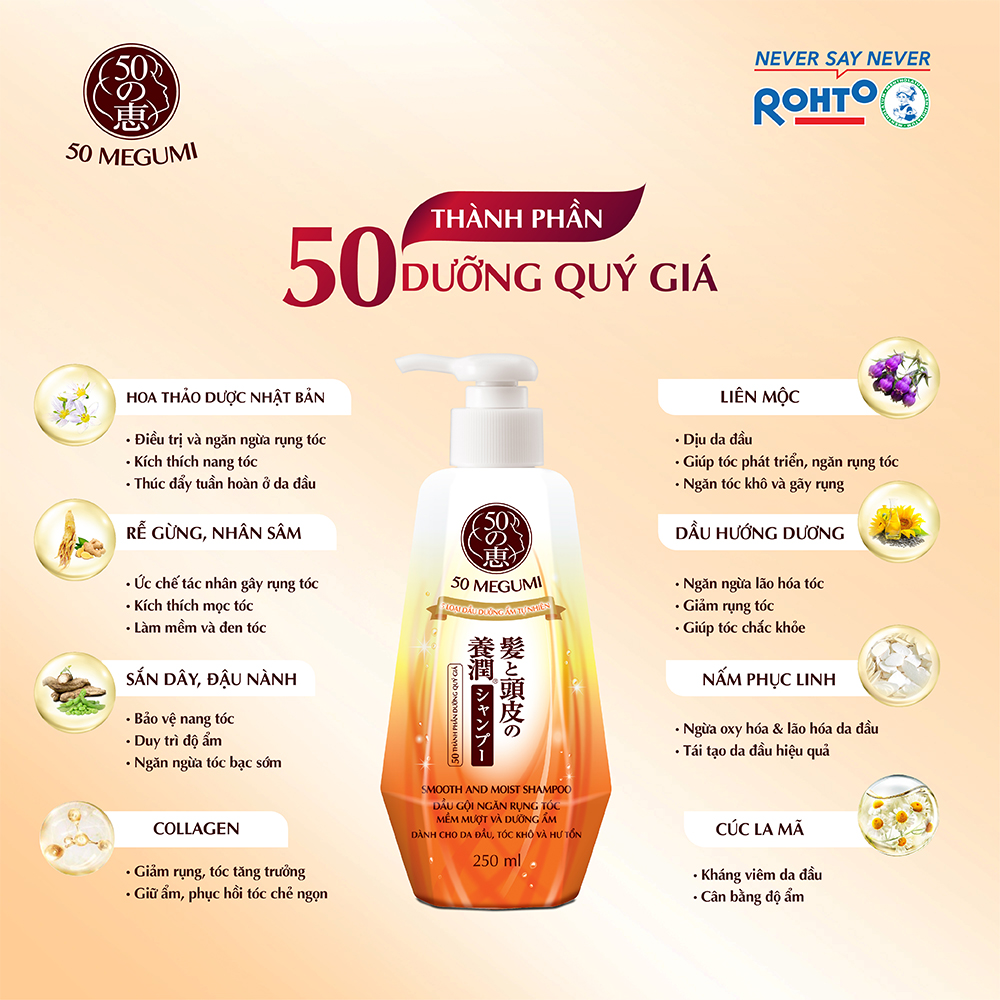 Dầu gội ngăn rụng tóc, dưỡng tóc mềm mượt 50 Megumi Smooth &amp; Moist Shampoo 250ml