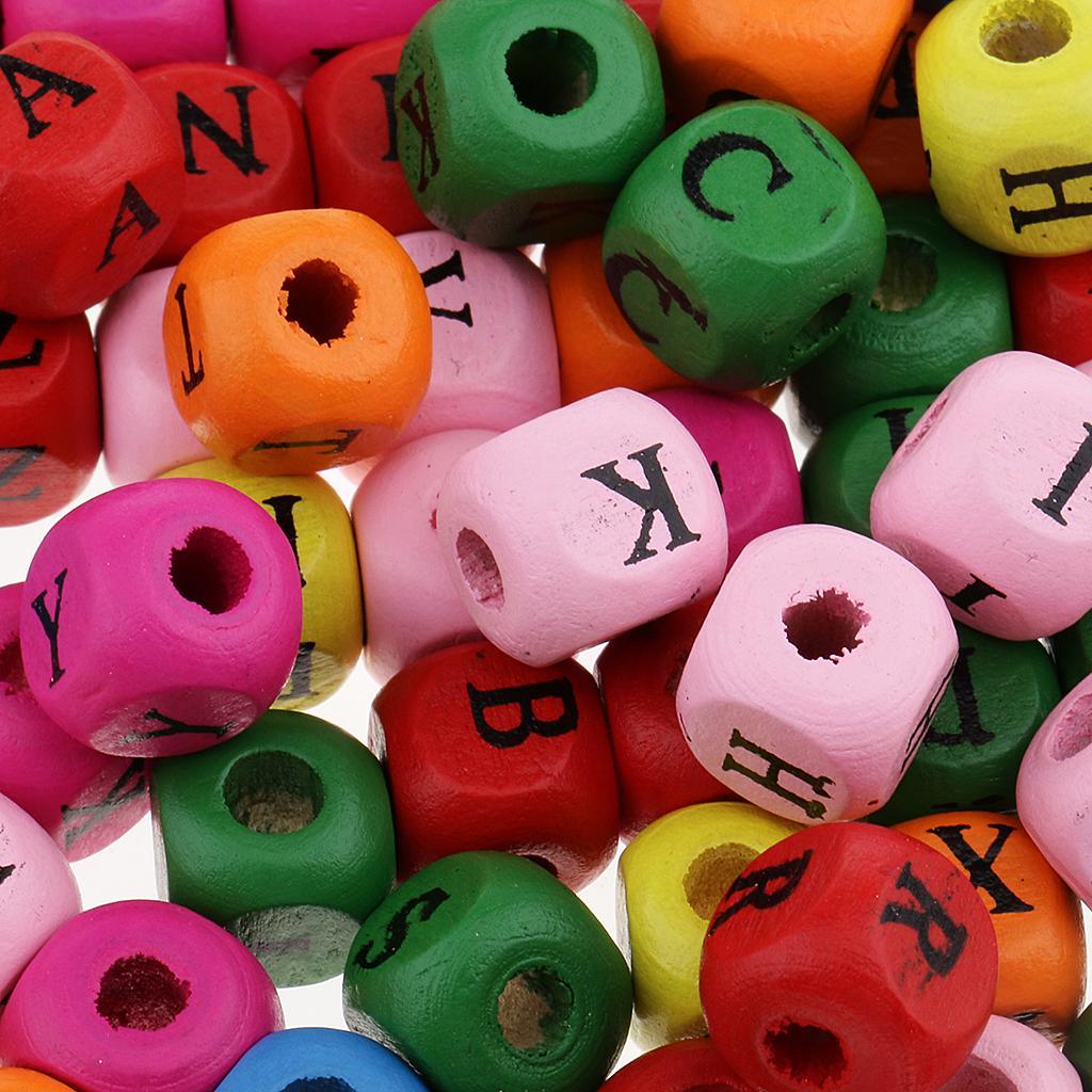 100-Piece Mixed Color 10mm Wooden Alphabet Letters Cube Beads Kids DIY Craft