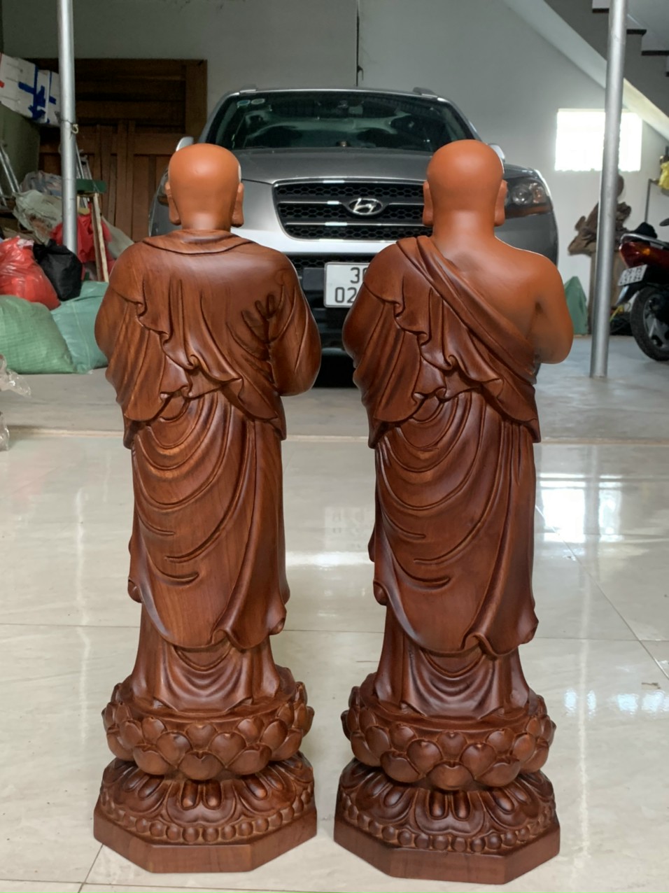 Tượng phật a nan _ca diếp bằng gỗ hương đá tô làm mầu giả cổ kt cao 60×17×18cm