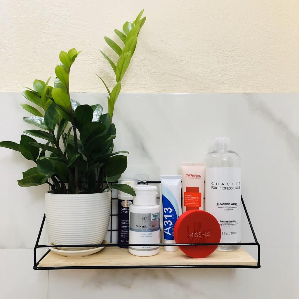 Kệ Treo Tường, Giá Kệ Sắt Đáy Gỗ Có Rào Chắn Trang Trí Phòng Khách Nhà Bếp