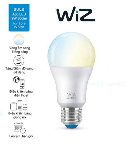 Bóng đèn WiZ thay đổi nhiệt độ màu Wi-Fi TunableWhite/9W A60 927-65