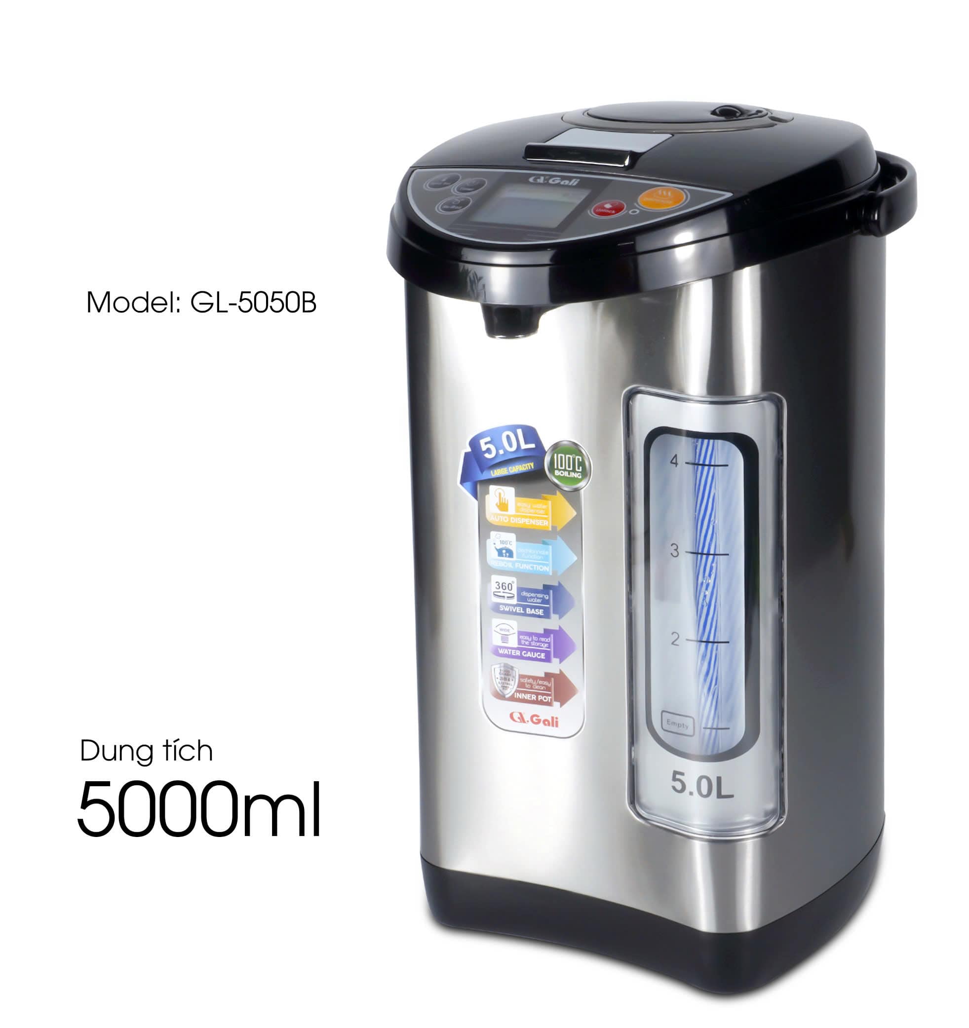 Bình Thuỷ Điện Gali GL-5050B Dung tích 5L nhỏ gọn, Thân bằng nhựa nguyên sinh cao cấp, lòng trong bằng Inox 304 dày chất lượng. Hàng chính hãng chất lượng cao bảo hành 24 tháng.