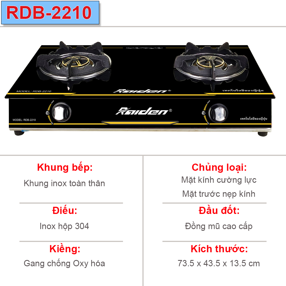 Bếp ga đôi Raiden RDB-2210 đầu đốt đồng, khung bếp inox toàn thân, mặt kính cường lực - Hàng Chính hãng