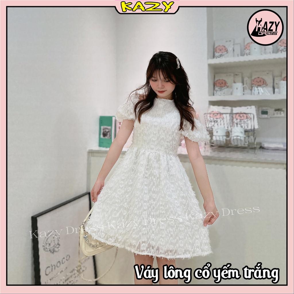 Váy trắng tiểu thư dự tiệc cổ yếm trễ vai tay bồng 2 lớp thêu hoa dáng xinh Hàn Quốc KAZY DRESS V003