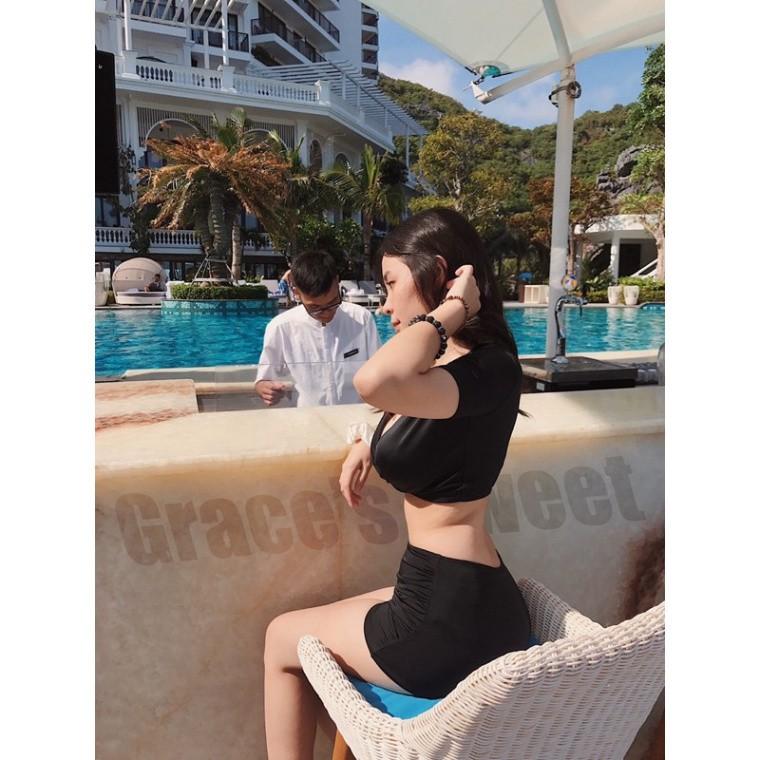 bikini hai mảnh áo croptop cộc tay sẵn mút nâng ngực quần đùi nhún che bụng