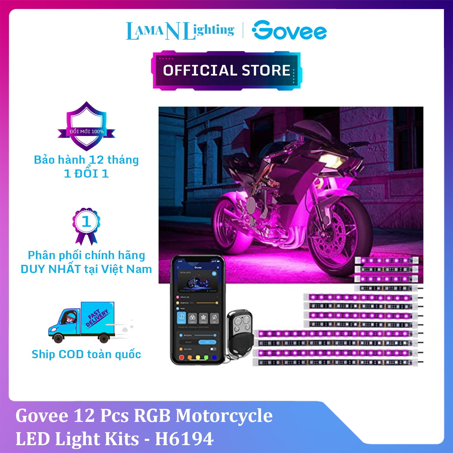 Govee 12 Pcs RGB Motorcycle LED Light Kits H6194 | Kháng nước, cảm biến nhạc, tùy chỉnh màu thông minh | Hàng chính hãng