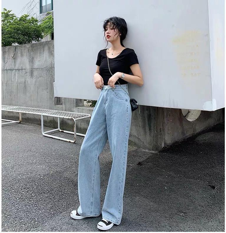 Quần Jean Dài Cạp Cao Ống Rộng