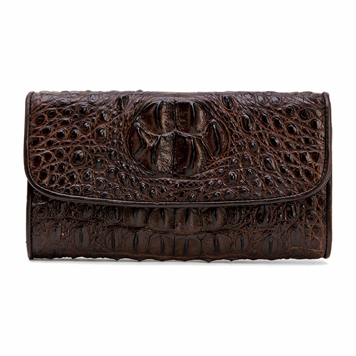 Bóp nữ da cá sấu Huy Hoàng 3 gấp nguyên con màu vàng bò, đen, nâu đỏ, nâu đất HT3204-05-06-19