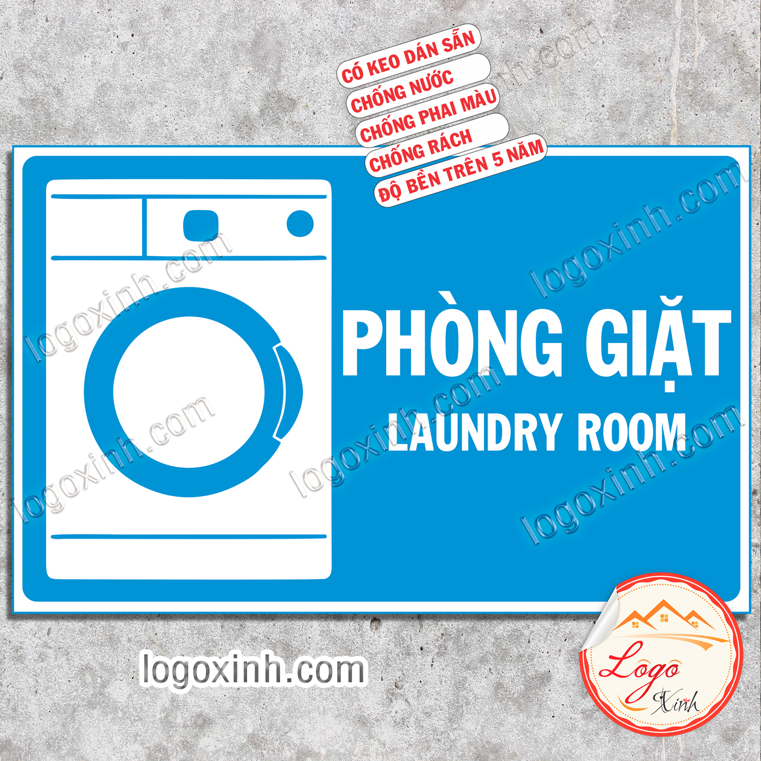 Logo Tem Sticker Biển Phòng Giặt Đồ - Laundry Room, Chất Liệu Decal Có Keo Dán Sẵn Chống Nước Tuyệt Đối