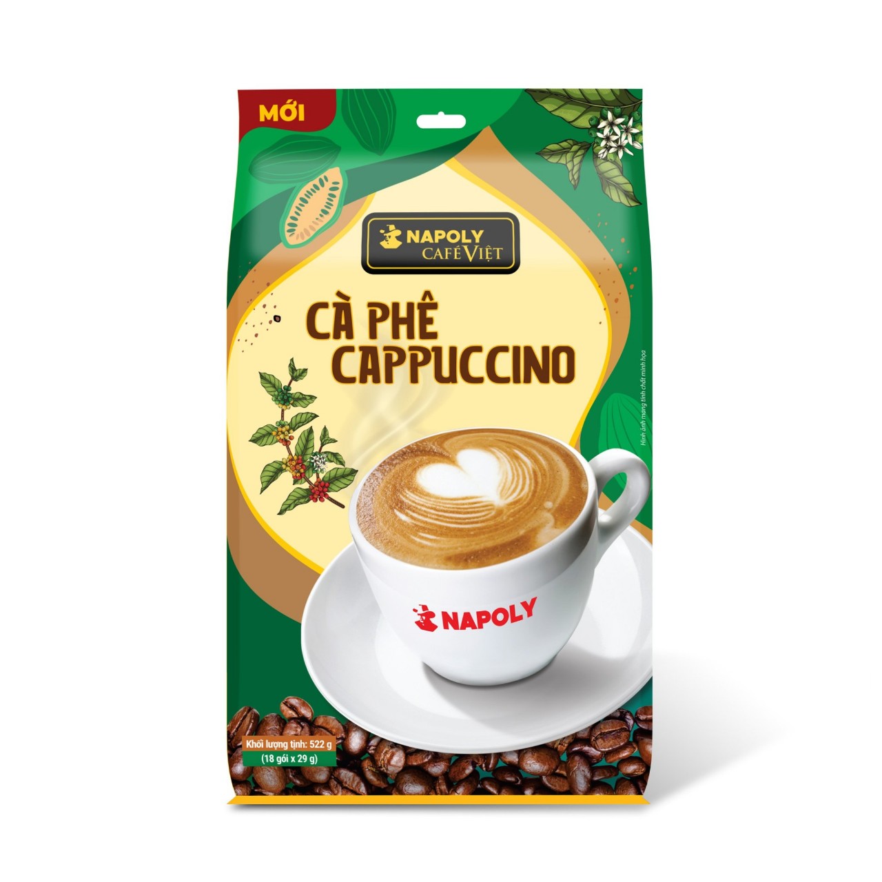 Cà phê sữa hòa tan Napoly Coffee Cappuccino bổ sung Socola túi lớn (18 gói x 29g)