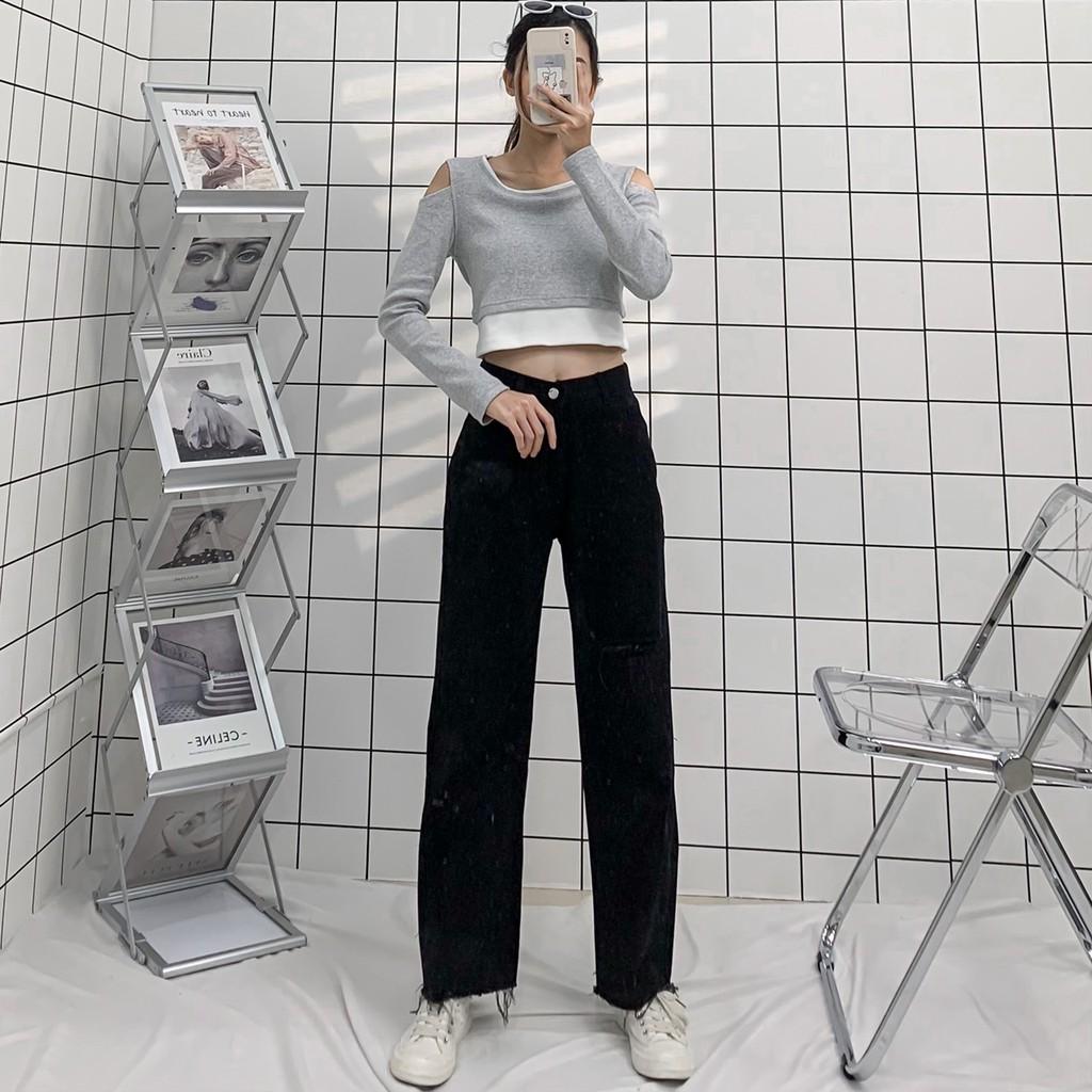Áo Croptop Nữ Dài Tay Phối Layer Vải Thun Gân Form Ôm