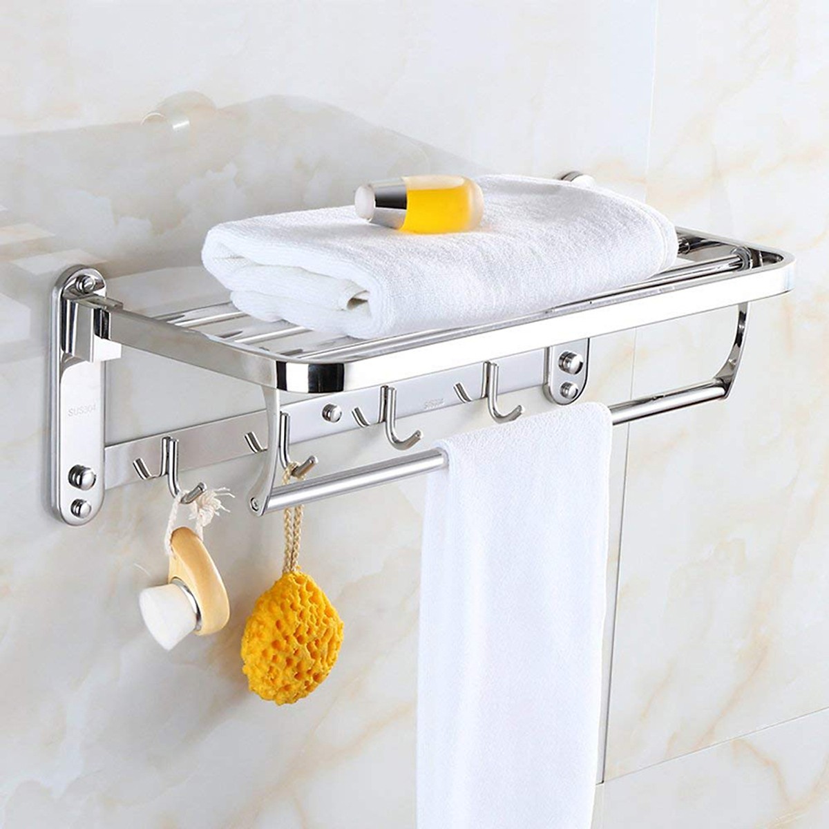 Kệ treo khăn tắm Inox 304 đa chức năng gấp gọn dán keo