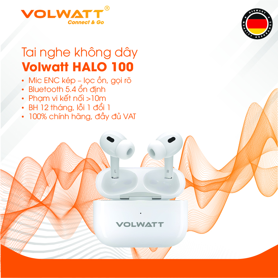 Tai nghe không dây Volwatt Halo 100 hàng chính hãng | TWS Bluetooth 5.4, Pin 50h, Type-C, BH 12 tháng