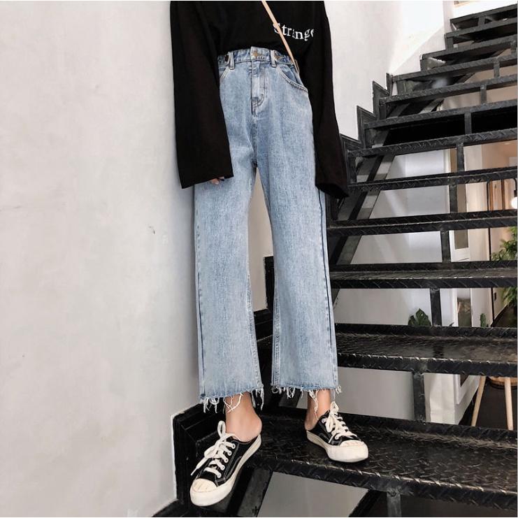 Quần bò thời trang nữ ống rộng dáng ulzzang / Quần jean nữ cúc hông tà tua rua