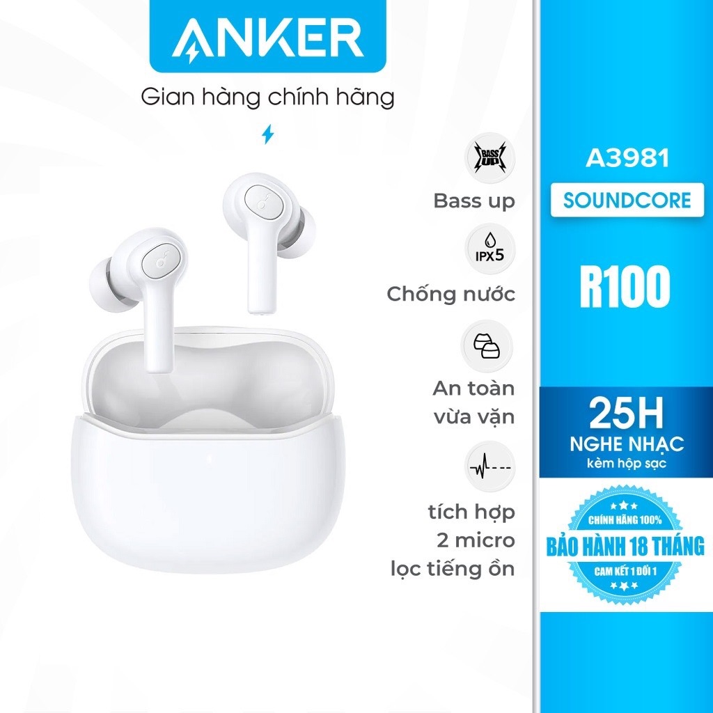 Tai Nghe Bluetooth SOUNDCORE (by ANKER) R100 True Wireless, 25 Giờ Nghe Nhạc, Chống Nước IPX5, Tích Hợp 2 Mic, Công Nghệ BassUp, Sạc Nhanh - ANKER A3981