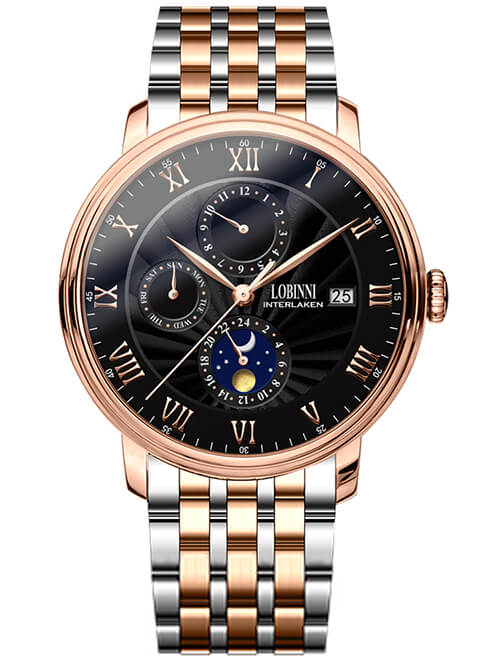 Đồng hồ nam chính hãng LOBINNI L1023-7 Fullbox, Kính sapphire ,chống xước,chống nước,vỏ vàng hồng,dây kim loại thép không gỉ 316L, máy cơ , Mới 100%,Bảo hành 24 tháng