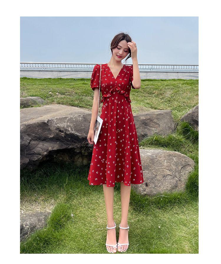 TOBE1SHOP Váy chiffon hoa nhỏ cho phụ nữ 2023 mùa hè Pháp màu đỏ khí chất cao eo mỏng váy