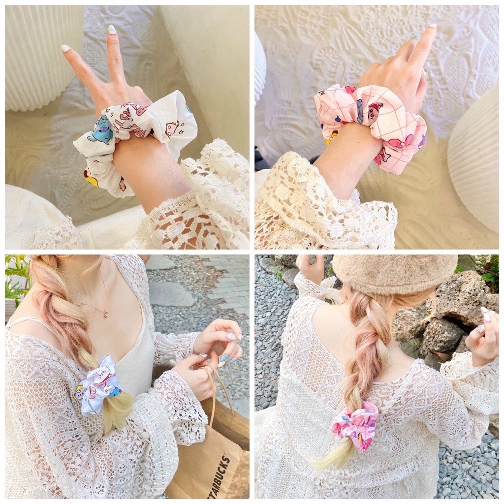 Buộc tóc scrunchies lụa Hàn Quốc họa tiết hoa đáng yêu