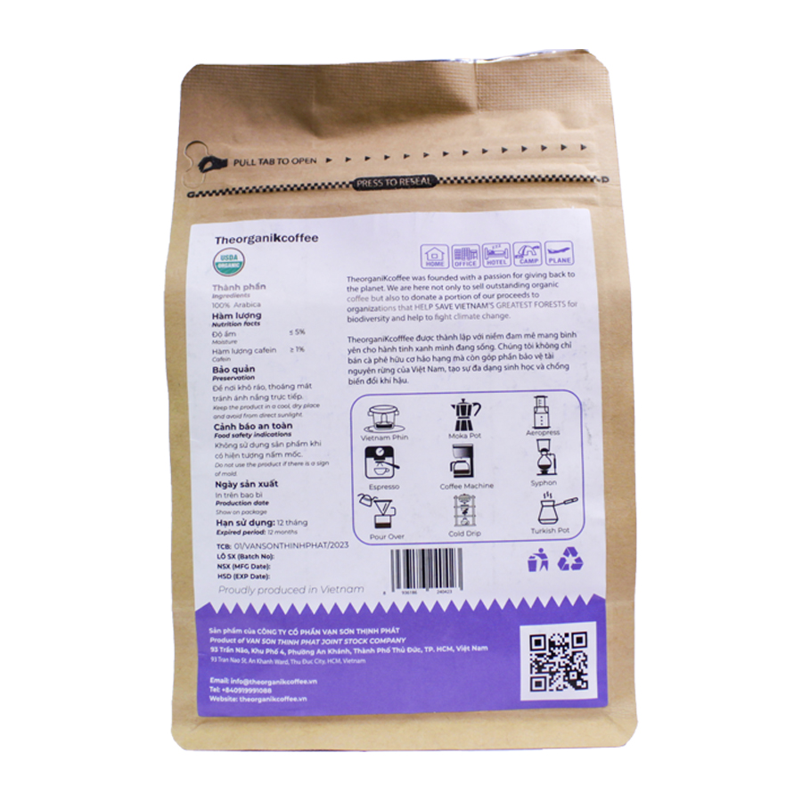 Cà phê Arabica hữu cơ rang mộc - dạng hạt, 250g