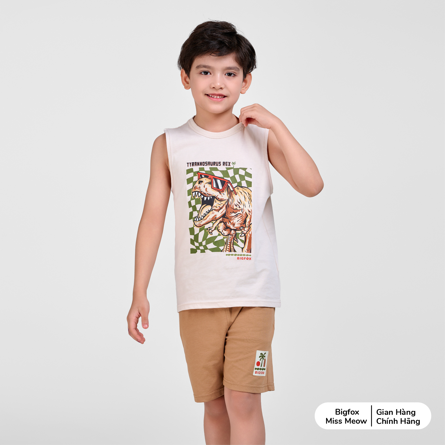 Bộ ba lỗ bé trai Bigfox Miss Meow in khủng long T-rex mùa hè cỡ 3,7,9,11 tuổi 30kg 40kg