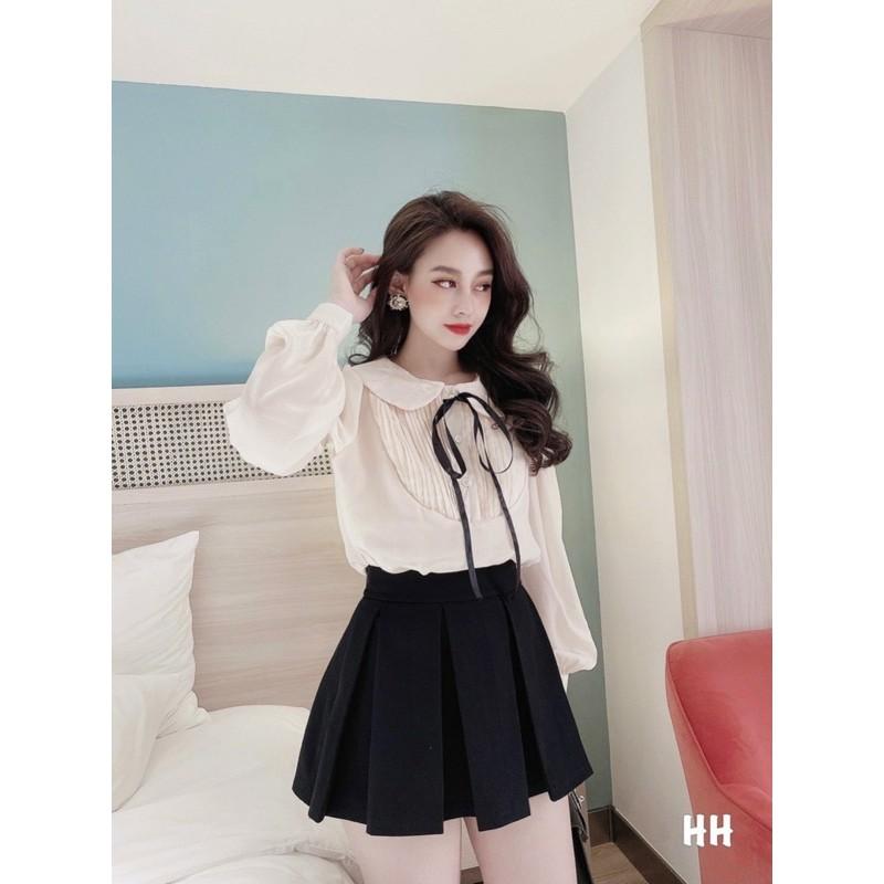 ÁO SƠ MI MÀU BE CỔ SEN XẾP LY NGỰC NƠ ĐEN