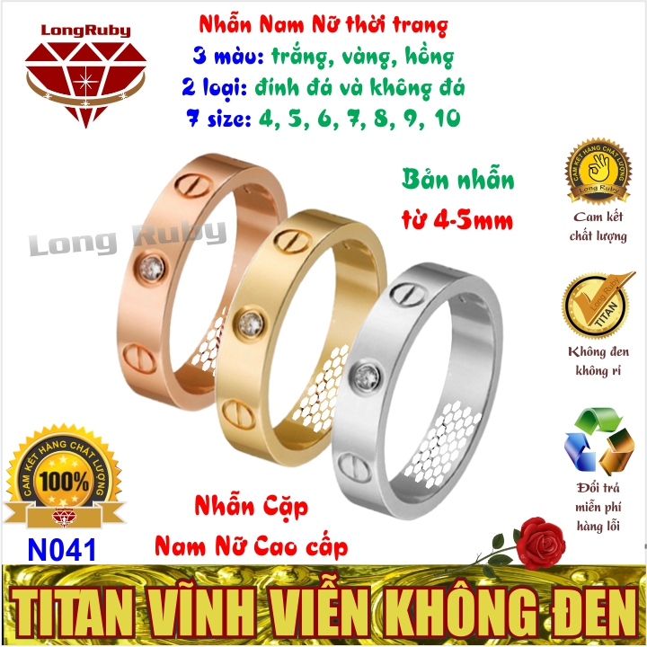 Nhẫn Cặp Đôi Nam Nữ Titan Đính Đá Sang Trọng | Nhẫn Thời Trang màu Trắng Vàng Hồng - N041T