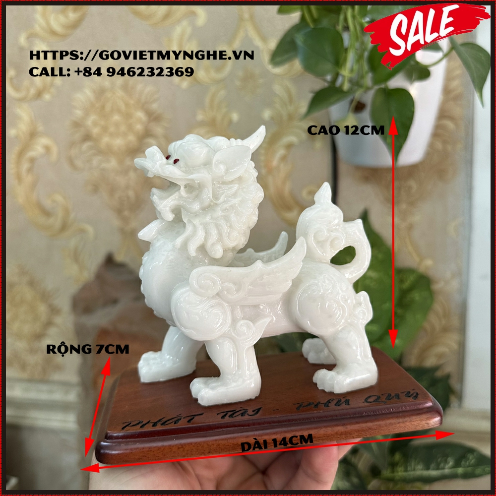 Tượng đá Linh Vật Phong Thủy Tỳ Hưu Trang Trí - Cao 12cm - Đế gỗ - Đá trắng non nước