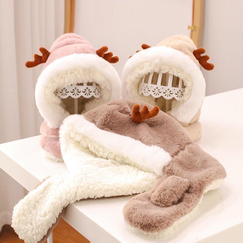 Mũ lông choàng cổ tai hươu cho bé trai và bé gái - mũ lông lót lông cừu chần bông - nón đội đầu bé sơ sinh - aq trẻ em