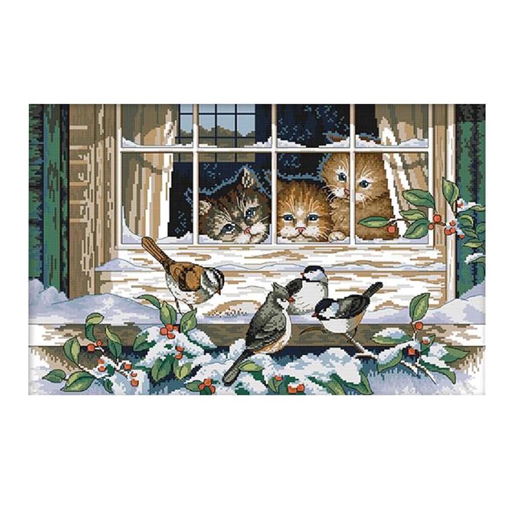 Cats Birds Stamped Cross Stitch Kits for Kids Pre-Printed Pattern Embroidery