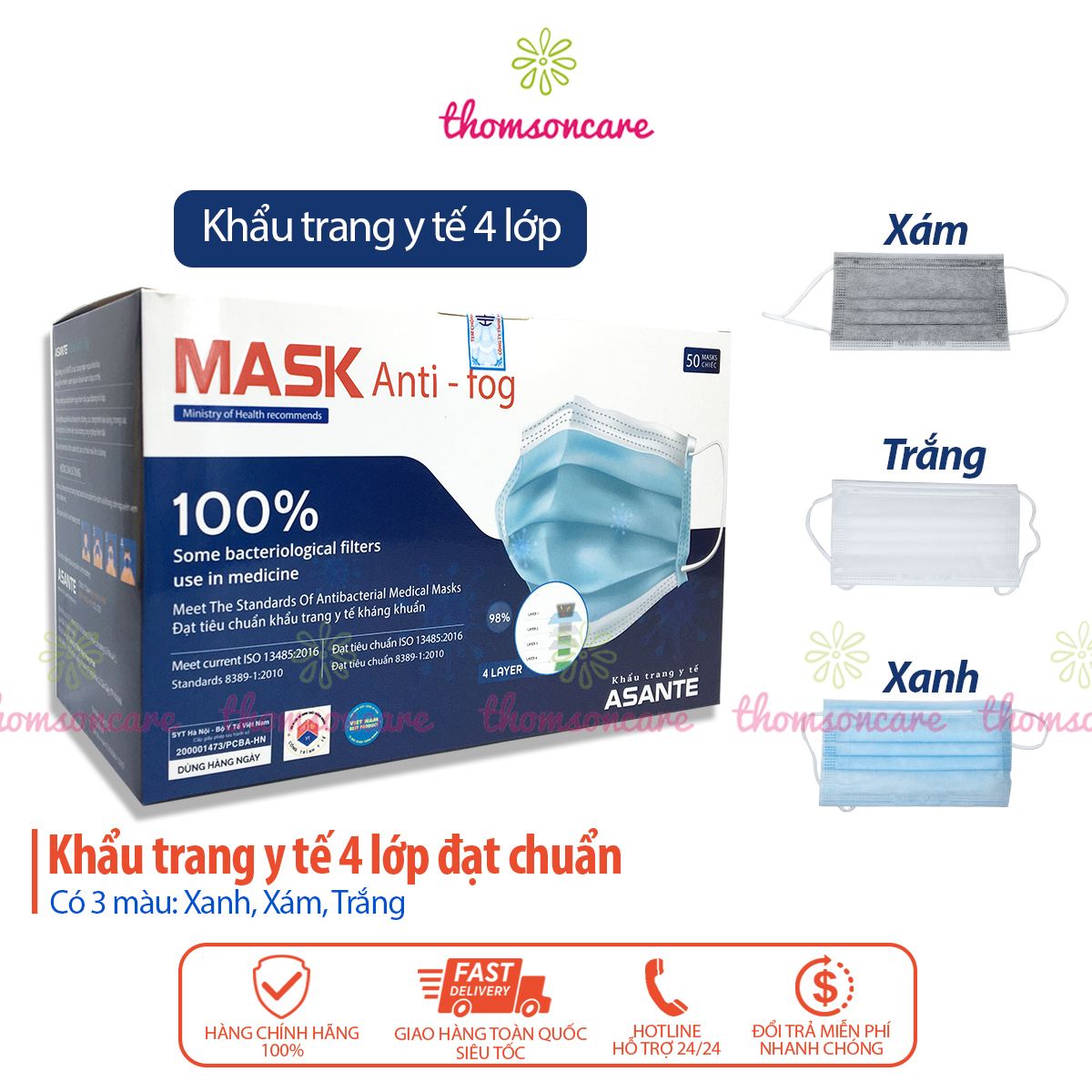 Hộp khẩu trang y tế 4 lớp Asante kháng khuẩn 50 cái màu Trắng lọc bụi, vi khuẩn Chống Ô Nhiễm