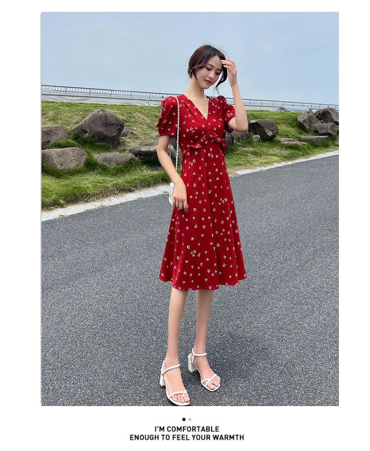 TOBE1SHOP Váy chiffon hoa nhỏ cho phụ nữ 2023 mùa hè Pháp màu đỏ khí chất cao eo mỏng váy
