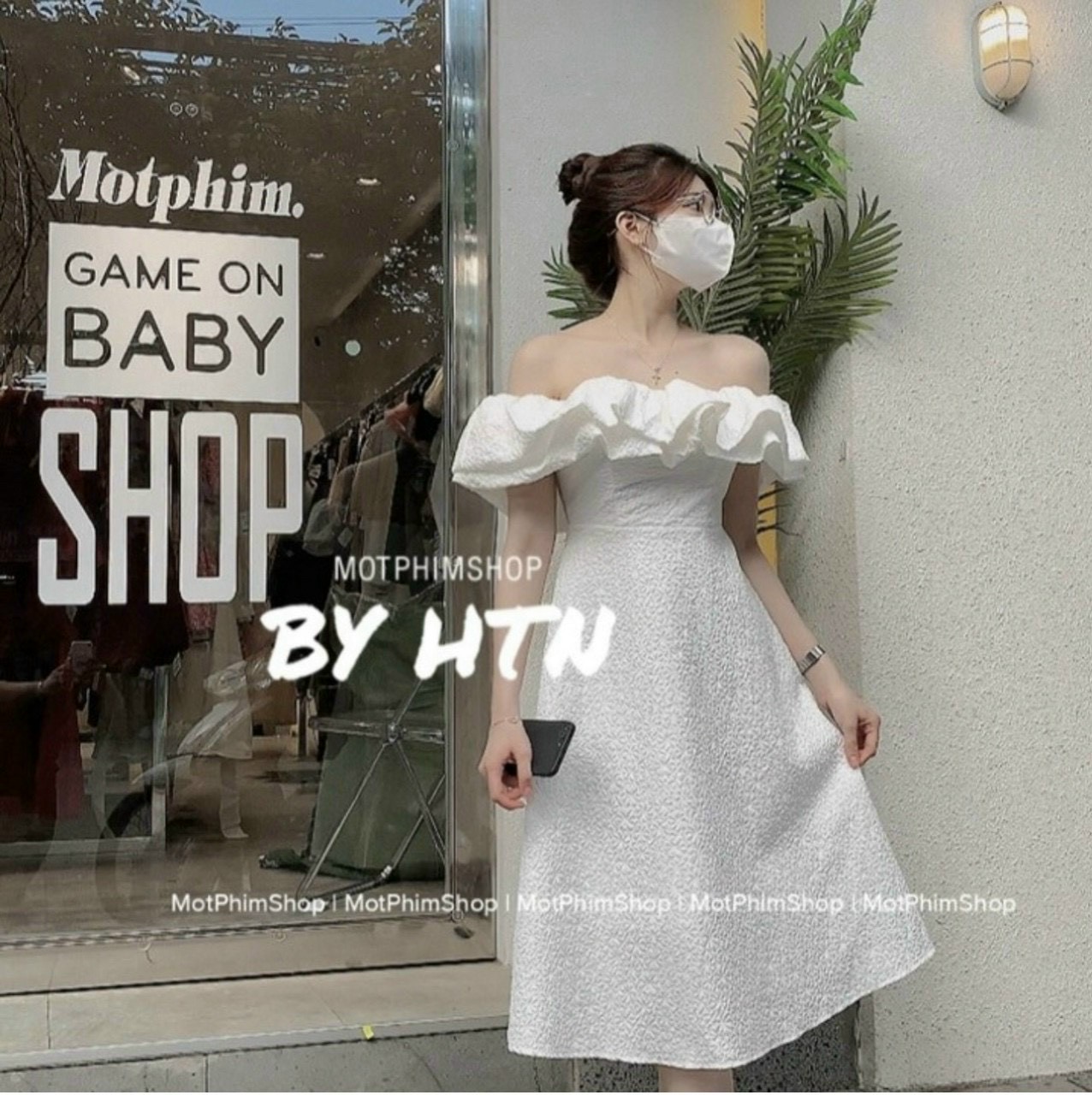 Đầm midi bẹt vai phồng chất xốp sang trọng