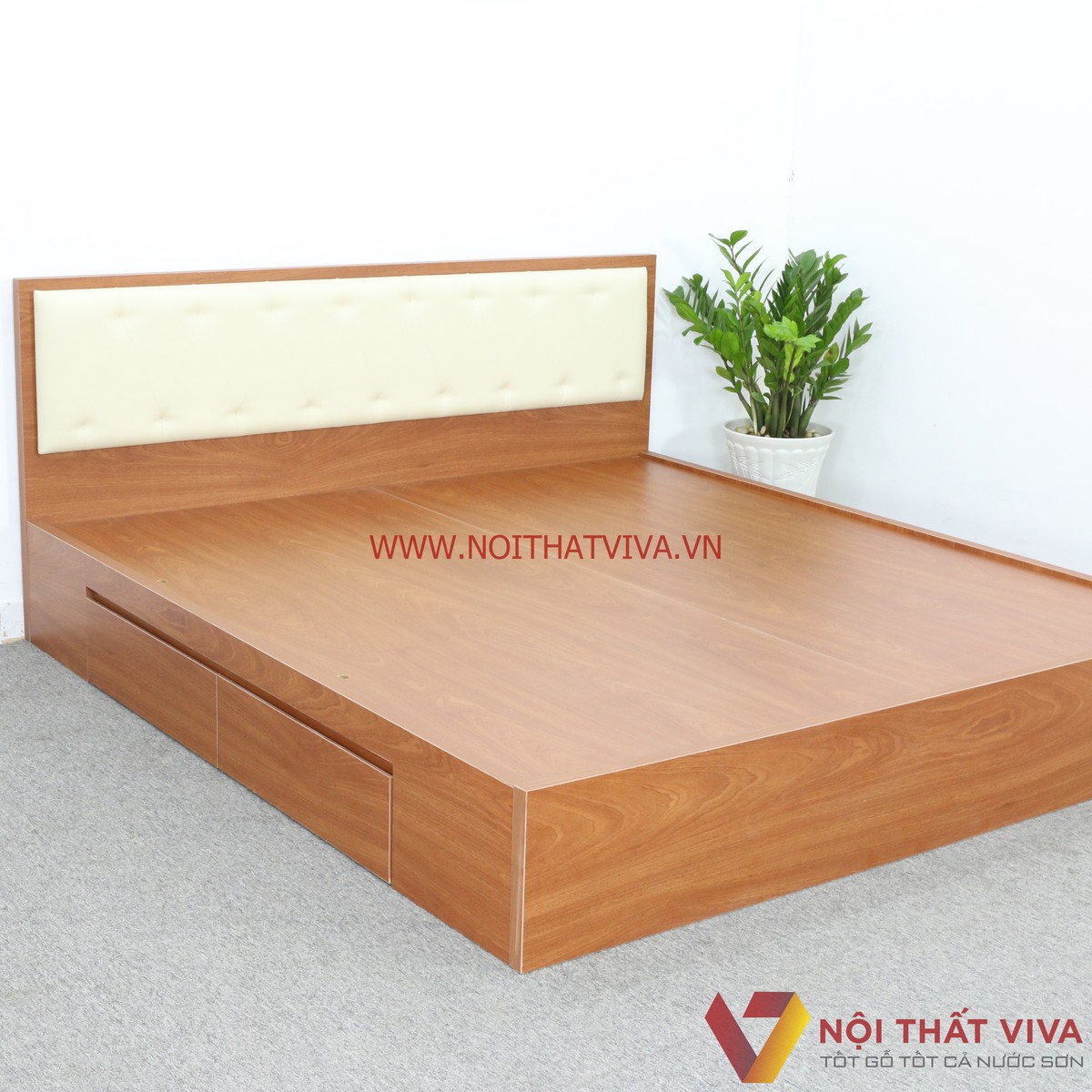 Giường Ngủ Gỗ MDF Melamine Màu Xoan Đào Có Hộc Kéo + Đầu Nệm Kem Đẹp