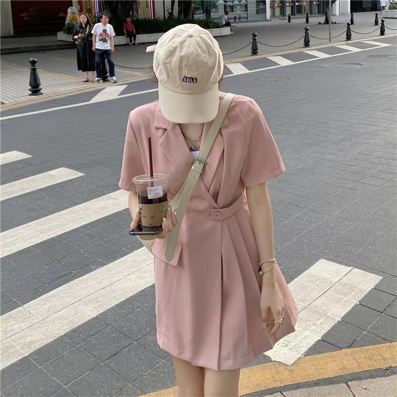 Đầm Cổ Vest Xếp Ly Buộc Eo Ulzzang