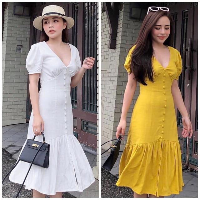 Đầm đuôi cá nút bọc 2 màu