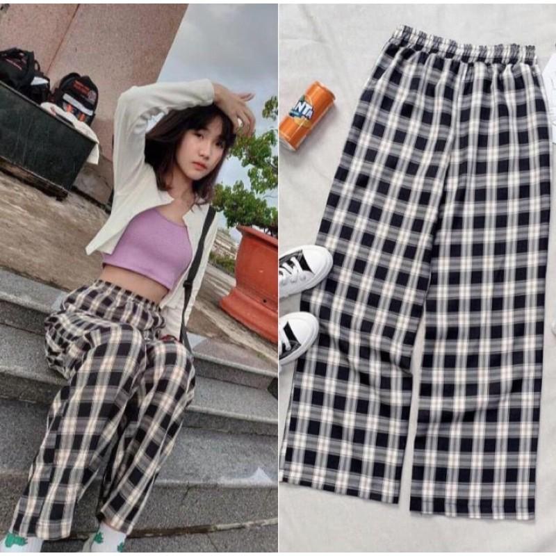 Quần Kẻ Nữ Cạp Chun Caro Lưng Cao Dáng Rộng Ống Suông ulzzang full màu hot Bống Store