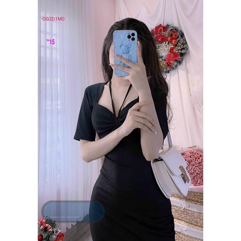 Váy đầm nữ body dáng ôm cổ cột nơ hở eo phong cách thời trang quyến rũ