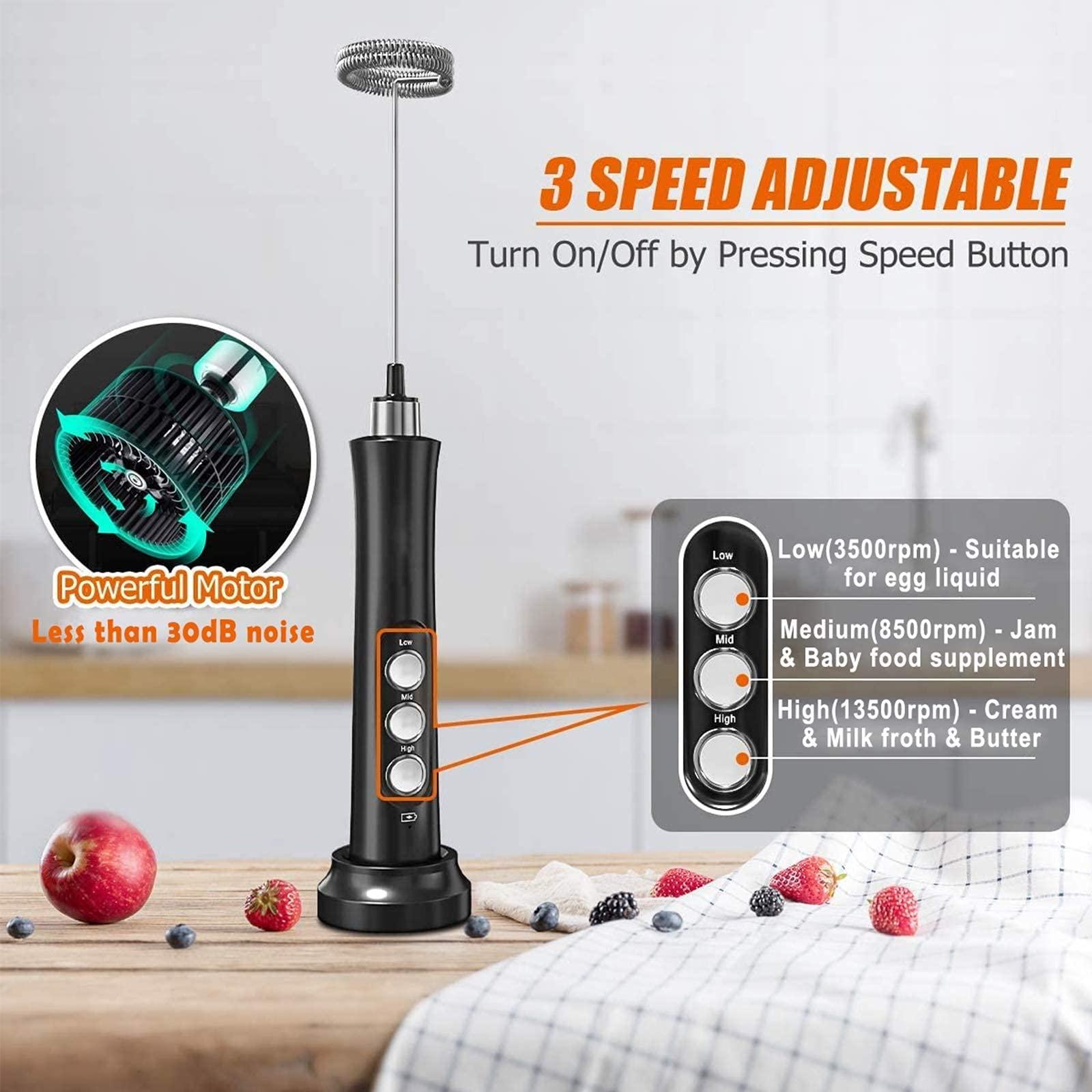Mousseur sữa điện, 3 trong 1 USB có thể sạc lại, 3 tốc độ điều chỉnh với 3 đầu máy khuấy bằng thép không gỉ, cappuccino, trứng đánh, cà phê