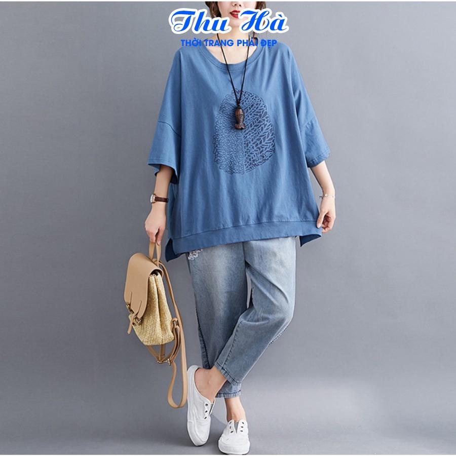 Áo phông unisex freesize Thu Hà áo thun form rộng tay lỡ chất liệu mềm mát co giãn in hình Lá Cây