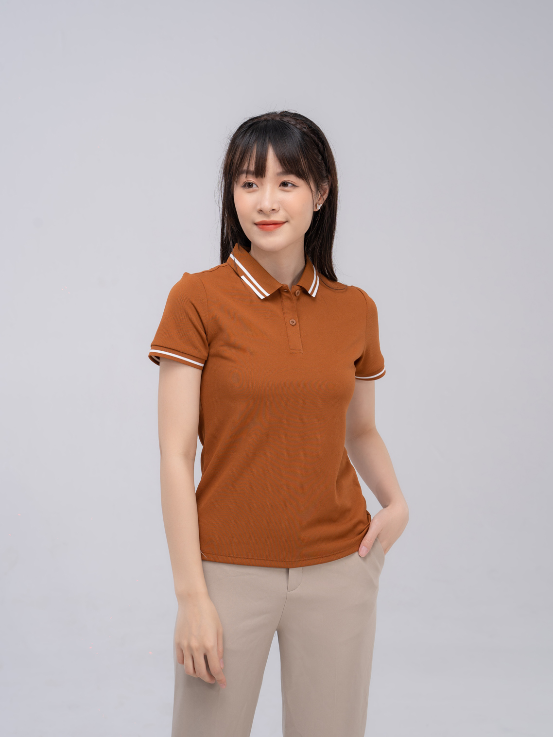 Áo polo nữ YODY chất cotton cafe bỏ kẻ APN5070