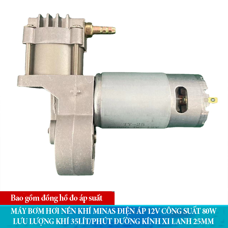 Máy bơm hơi nén khí Minas điện áp 12V công suất 80W có lưu lượng khí 35L phút đường kính xi lanh 25mm chất liệu hợp kim nhôm