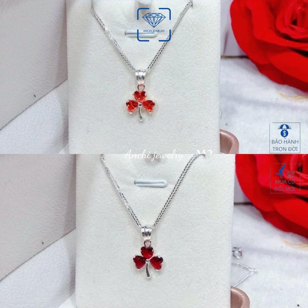 Dây chuyền nữ cỏ 3 lá đính đá nữ bạc thật đeo không đen màu đỏ xanh tím trắng - Anchi jewelry , quà 8 3