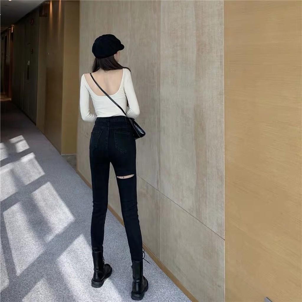 Quần jean nữ dài màu đen tuyền lưng cao co dãn mạnh, rách kiểu dành cho Big Size 2707