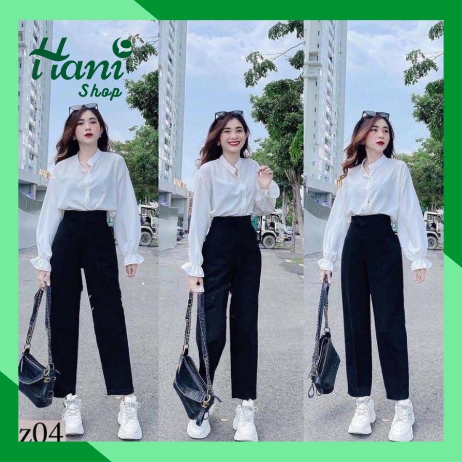 Quần tây khuy lệch lưng cao kiểu dáng công sở, quần baggy cúc lệch ống suông, màu đen cho nữ