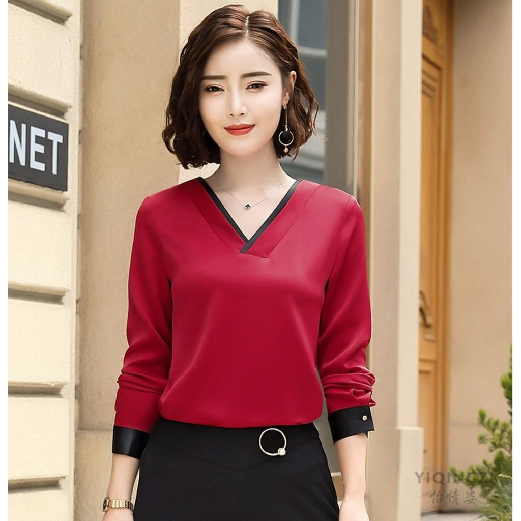 Áo sơ mi cổ v viền màu