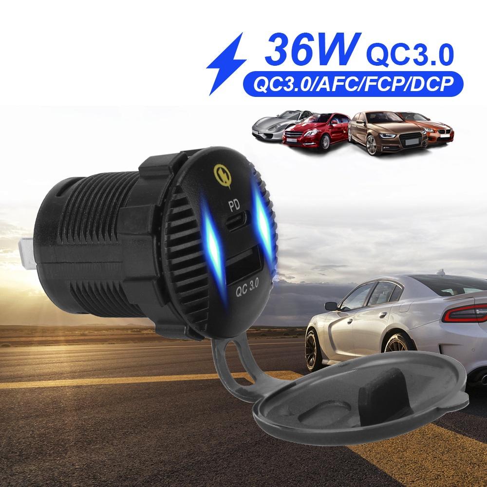 Cục sạc điện thoại cổng USB kép 3.0 36W 12-24V chống nước thông dụng cho xe hơi/xe máy/xe tải