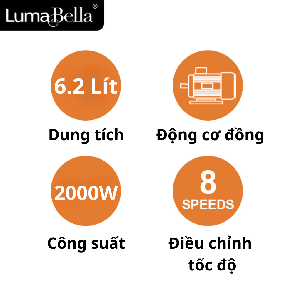 Máy trộn bột, nhào bôt làm bánh để bàn 3IN1 Lumabella LB-55001 công suất lớn 2000W, cối inox dung tích 6.2L, dễ dàng vệ sinh - DELIYA - HÀNG CHÍNH HÃNG