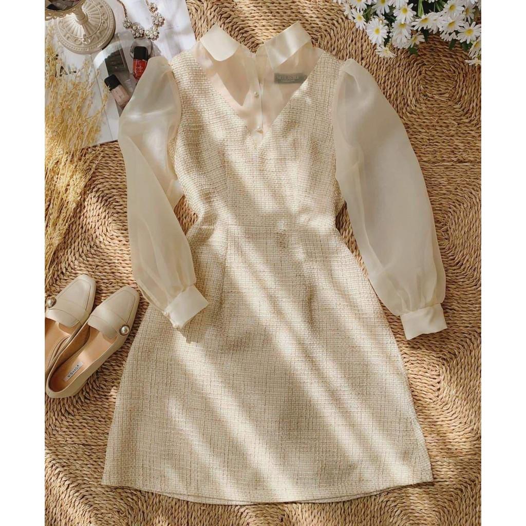 Đầm công sở vải bố tay voan Tweed Dress
