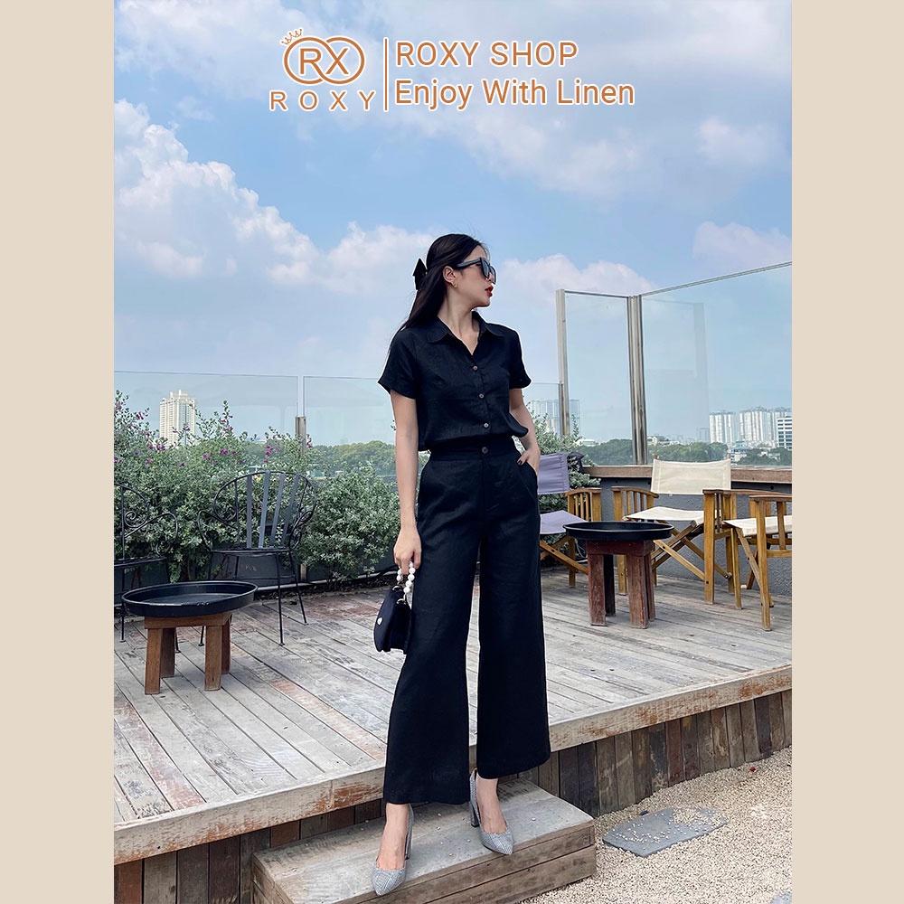 Set Áo Sơ Mi Tay Ngắn Linen Dáng Suông Kèm Quần Lưng Cao Thời Trang Cho Nữ 1